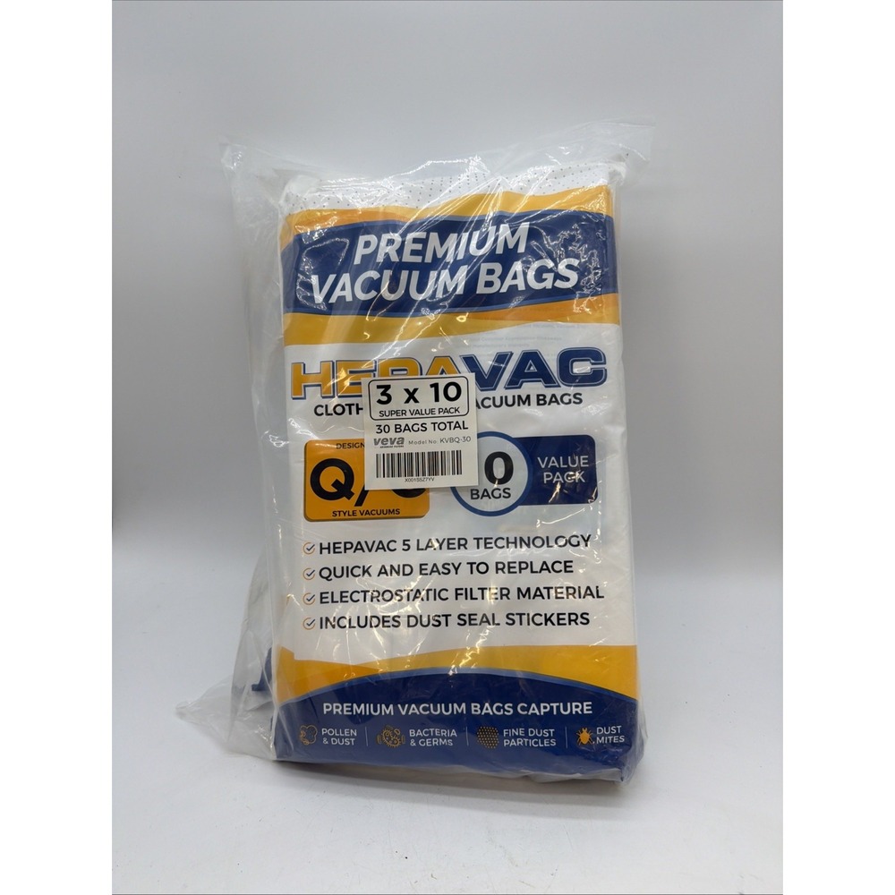 VEVA 30 Pack Premium Cloth Hepavac Vacuum Bags Designed for Q/C Style Vacuums
